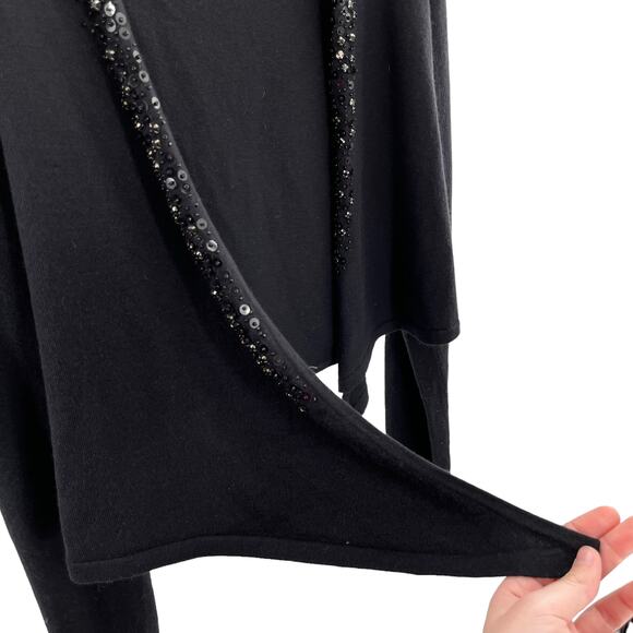 White + Warren Black Silk Blend Beaded Tie Front Cropped Shrug Sweater Size L - Picture 3 of 9